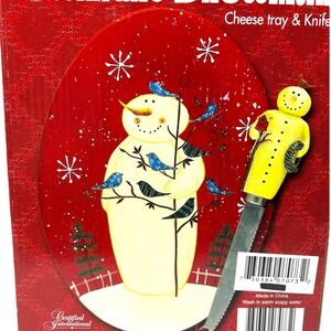 New MARY BETH BAXTER Twilight Snowman Cheese Tray Plate And Knife Bluebirds